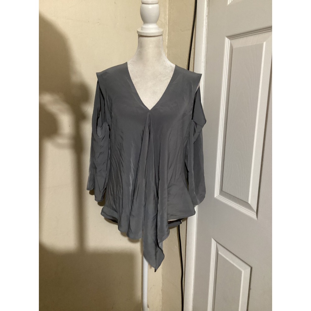 Alexis Womens Gray Draped Cold Shoulder V-Neck Blouse Size M Made in USA